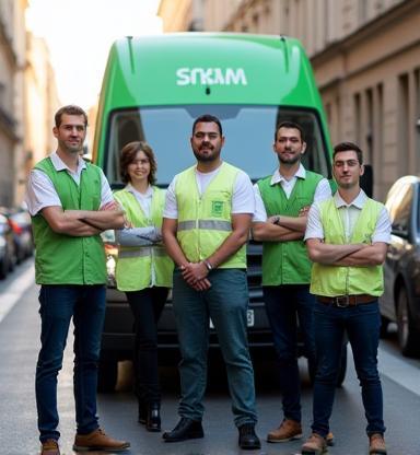 Équipe PropreMaison Services devant leur véhicule écologique.