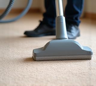 Technicien utilisant une machine sur un tapis beige.
